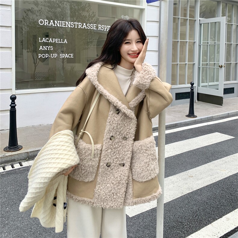 韩版减龄氛围感皮毛一体羊羔毛上衣女2025秋冬季新款显瘦百搭外套,女装短外套,2C261