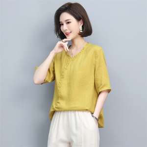 棉麻T恤女夏2025新款短款宽松休闲中年妈妈复古大码上衣亚麻小衫,女装T恤,天丽