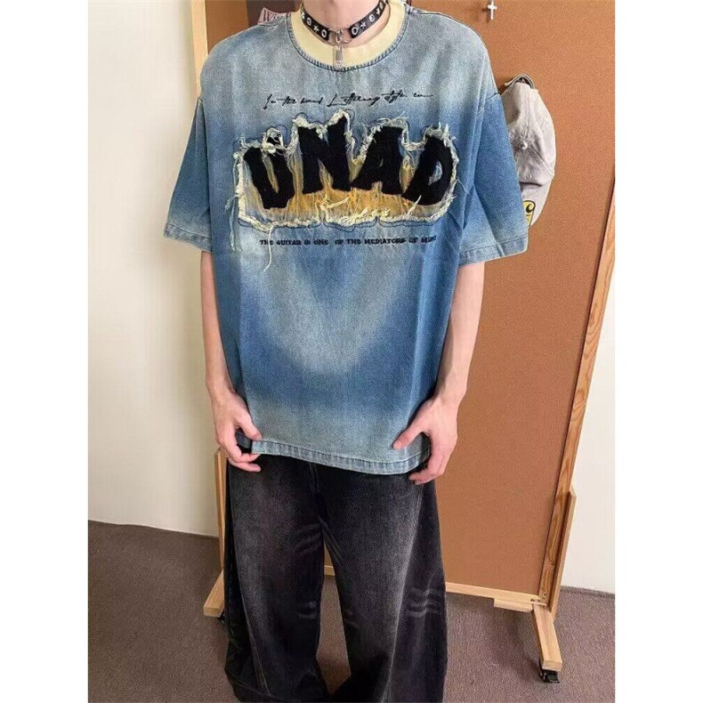 美式复古水洗设计感刺绣牛仔短袖夏季高级感T恤潮TX5006,男装T恤,星座208-5