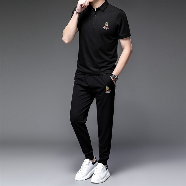 轻奢品牌男装短袖T恤套装欧货刺绣polo衫长裤运动休闲翻领,男装休闲套装,电商B212（原钱塘6029）