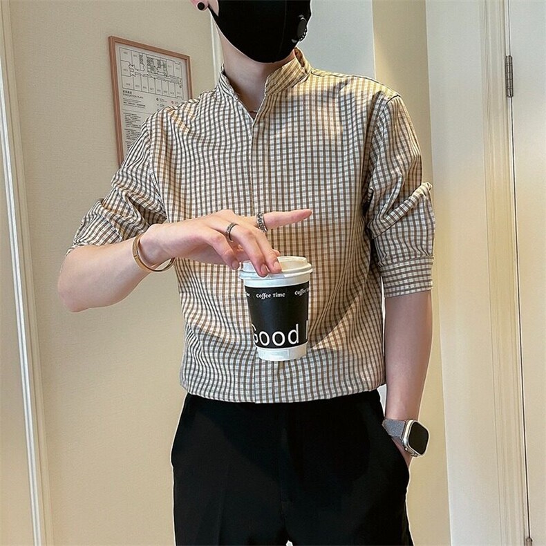 A682新款衬衫男短袖千鸟格个性花寸衫五分袖夏季发型师痞帅时尚潮,男装衬衫,星座308A-1（原309B-1）