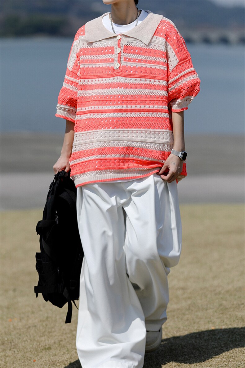 8XL-M特大码美式复古条纹撞色针织POLO衫翻领休闲短袖TDX311P35,男装T恤,电商D206-1