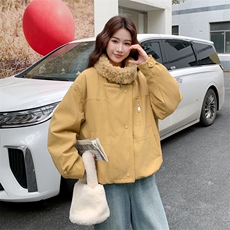 冬装羊圈毛大翻领拼PU皮内胆羽绒90绒短外套2C050-1301-P285-K398，女装羽绒服，2C050