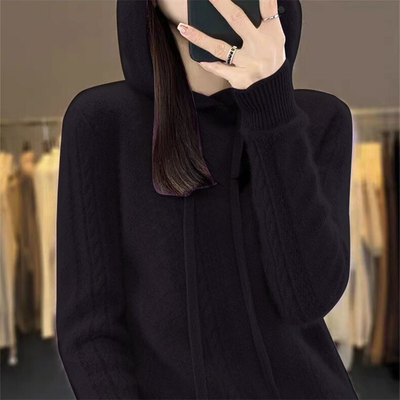 秋冬新款100%纯羊毛衫女纽花纯色连帽卫衣宽松显瘦羊绒针织打底衫图片