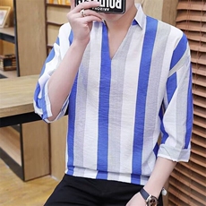 夏季新款休闲拼色条纹翻领男士短袖t恤，男装T恤，星座506A