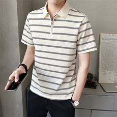 半拉链条纹Polo短袖T恤夏季潮流半袖体恤男士有领上衣PL88559-P68，男装T恤，电商A237