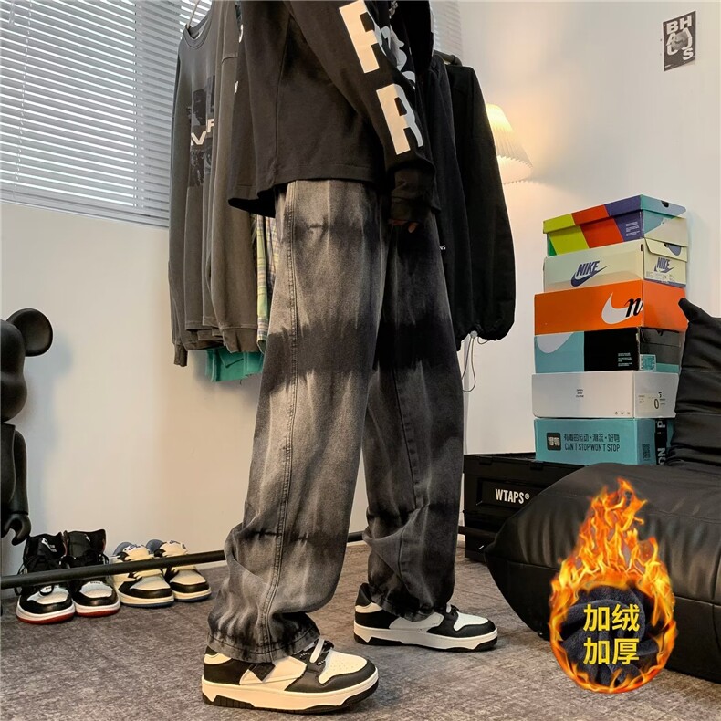 加绒加厚秋季直脚潮长裤宽松直筒男拉链牛仔裤N8805加绒P52,男装牛仔裤,星座1116-2