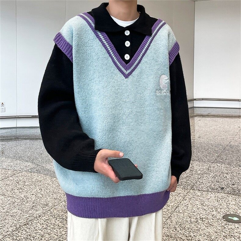 M8166/P75冬季男女BF复古毛衣背心V领垂感背心坎肩情侣装多色毛衣图片