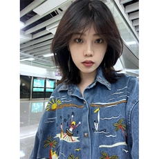 BK908CC-特P58美式复古刺绣牛仔短袖衬衫男女，男装T恤，星座1007（原301D）