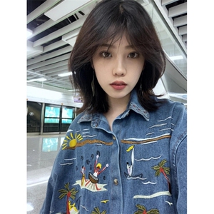BK908CC-特P58 美式复古刺绣牛仔短袖衬衫男女图片