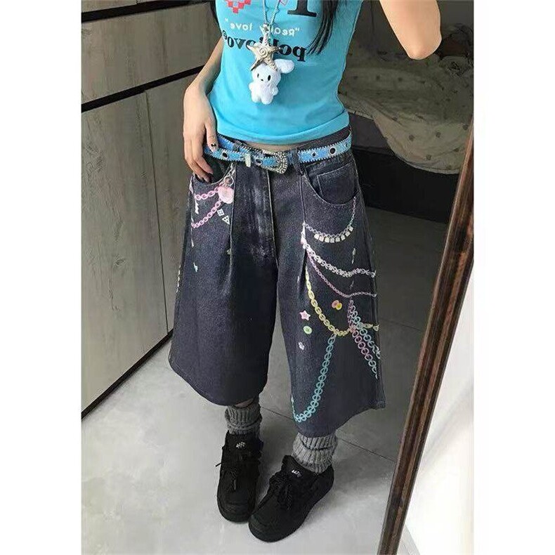 夏季新款港风美式高街3D直喷印花链条七分牛仔裤ZK3911特批50,男装牛仔裤,星座313A(原308A-2)