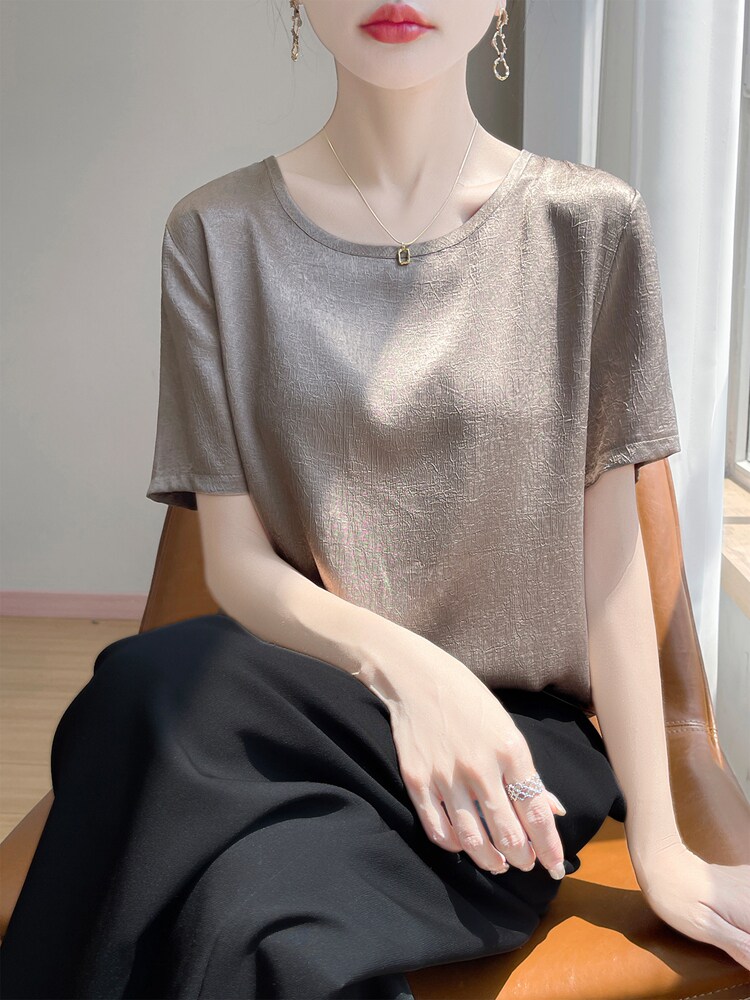 圆领新款针织女短袖纯色简约百搭宽松套头,针织衫/毛衣,绒宛羊绒