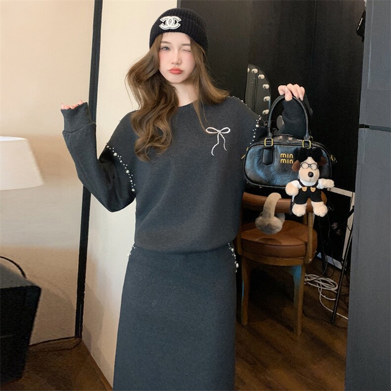 女春订珠蝴蝶结卫衣长款半裙洋气显高显瘦,女装套装/套裙,江南