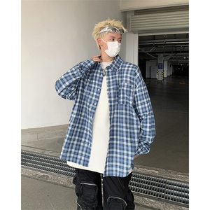 港风秋季小清新外穿长袖衬衫男 百搭休闲格子衬衣上衣CS135/P40图片