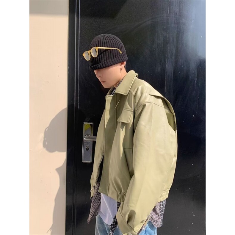 美式复古短款皮衣外套男春秋季潮牌宽松休闲街头机车翻领PU皮夹克图片