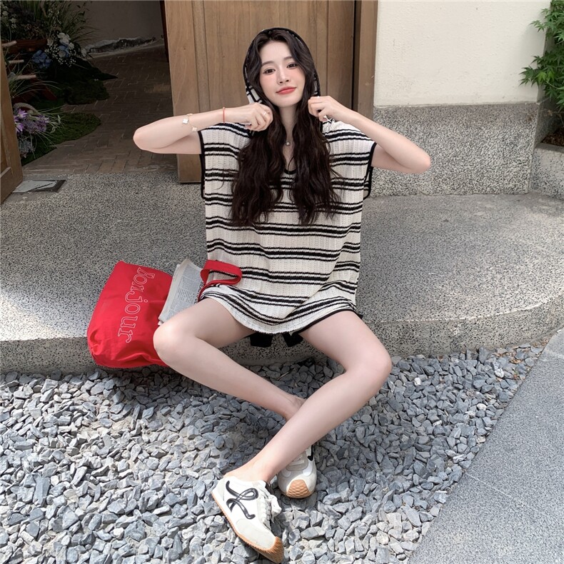 日系小个子休闲连帽短袖短裤两件套女2025夏季松弛感撞色条纹套装,女装套装/套裙,2C167
