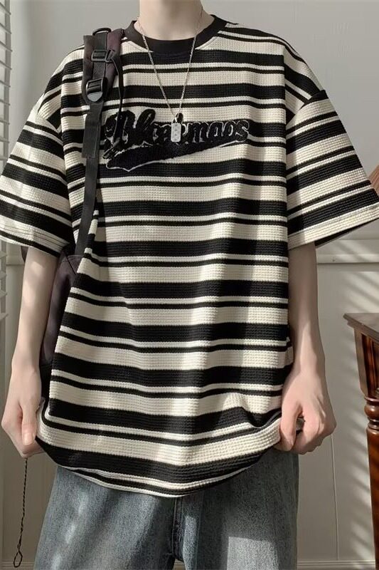 新款条纹毛巾绣t恤短袖男女bf小众五分半袖上衣打底衫AT566-p42,男装T恤,星座1008