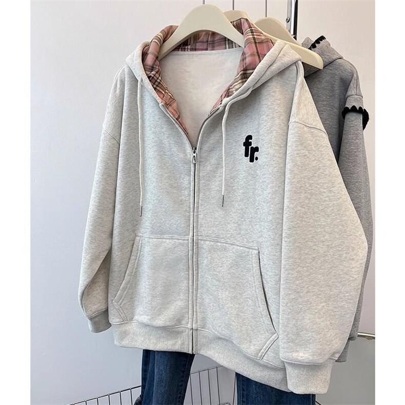 5256-P52原版做工#刺绣食毛华棉复合格子拼接连帽卫衣薄款/加绒，女装卫衣/绒衫，星座617A-2