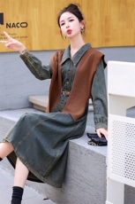 2023秋装新款单排扣牛仔长袖休闲风中长款连衣裙，女装连衣裙，天丝秀