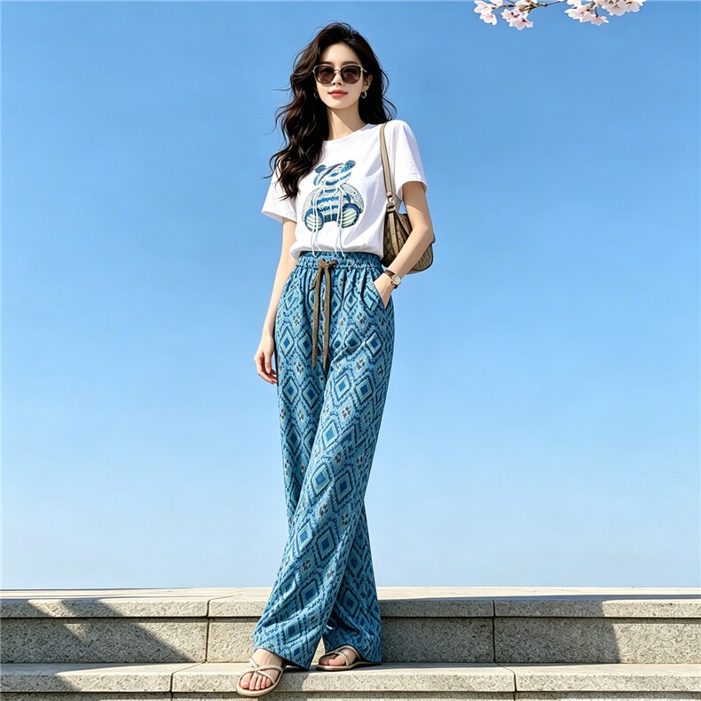 韩版减龄休闲时尚简约套装女夏季新圆领镶钻小熊短袖阔腿裤两件套,女装套装/套裙,江南