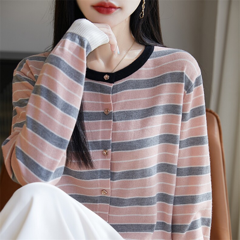 25春秋撞色圆领精纺羊毛开衫女条纹针织毛衣宽松长袖外套休闲上衣,针织衫/毛衣,暖烁羊绒