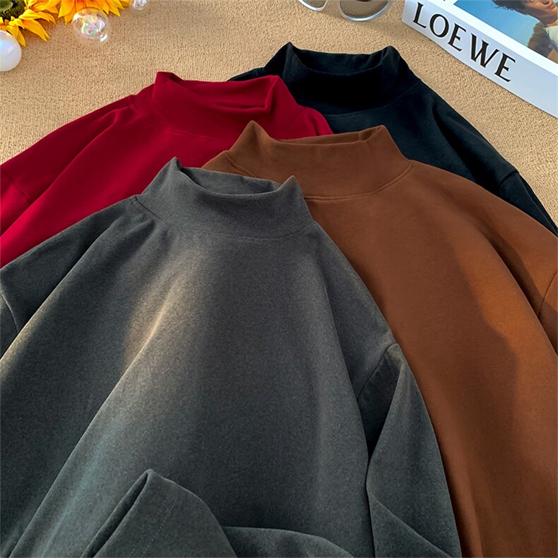 抖音得物品质260克精梳德绒保暖长袖T恤纯色半高领打底针织衫DR01，男装T恤，电商A486