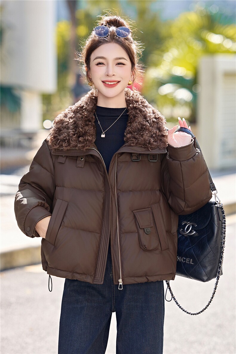 蛋白皮羽绒服女短款2025冬季加厚毛领宽松显瘦pu皮衣短外套百搭女,女装羽绒服,意芙