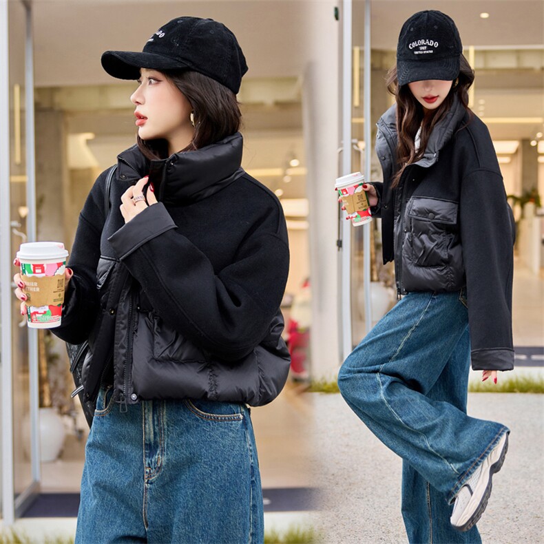 立领毛呢拼接白鸭绒羽绒服女2025冬季时尚短外套大翻领，女装羽绒服，梦懿尔