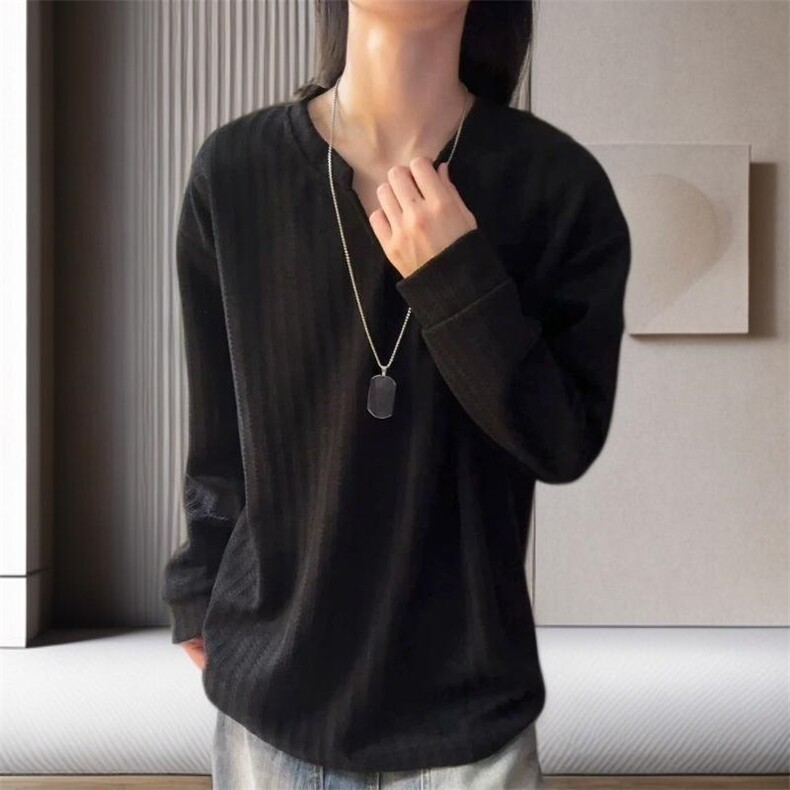 美式高街千鸟格子长袖T恤男女亨利V领英伦雅痞休闲宽松长袖打底衫，男装T恤，电商A443