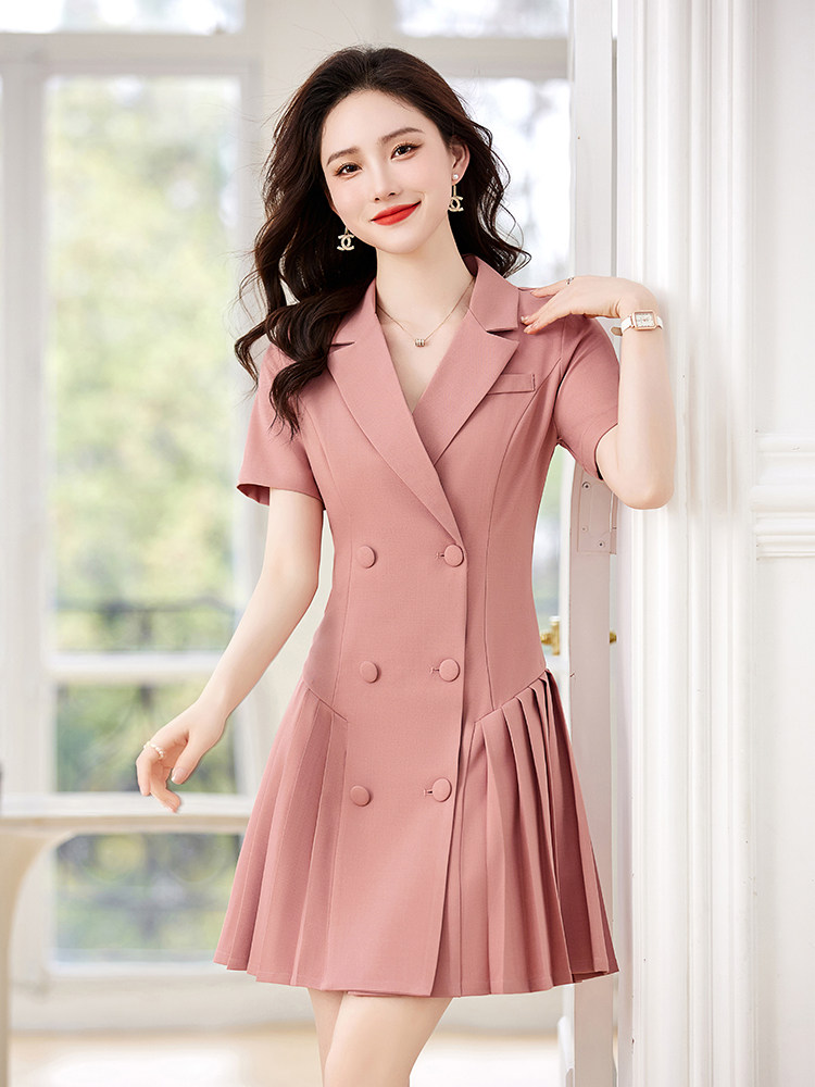 2024年夏季新款女时尚气质西装领双排扣百褶白领连衣裙职业工作裙，女装连衣裙，贝蕾酷儿