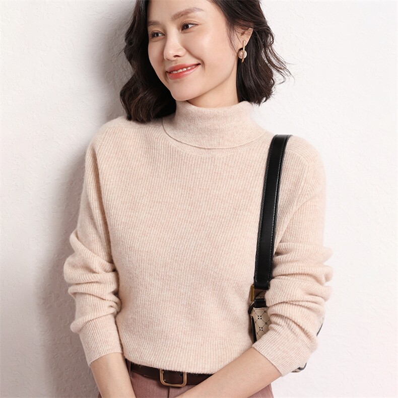 时尚潮流秋冬新款简约精致保暖气质高翻领女士羊绒衫,女装羊绒衫,艾米娇羊绒