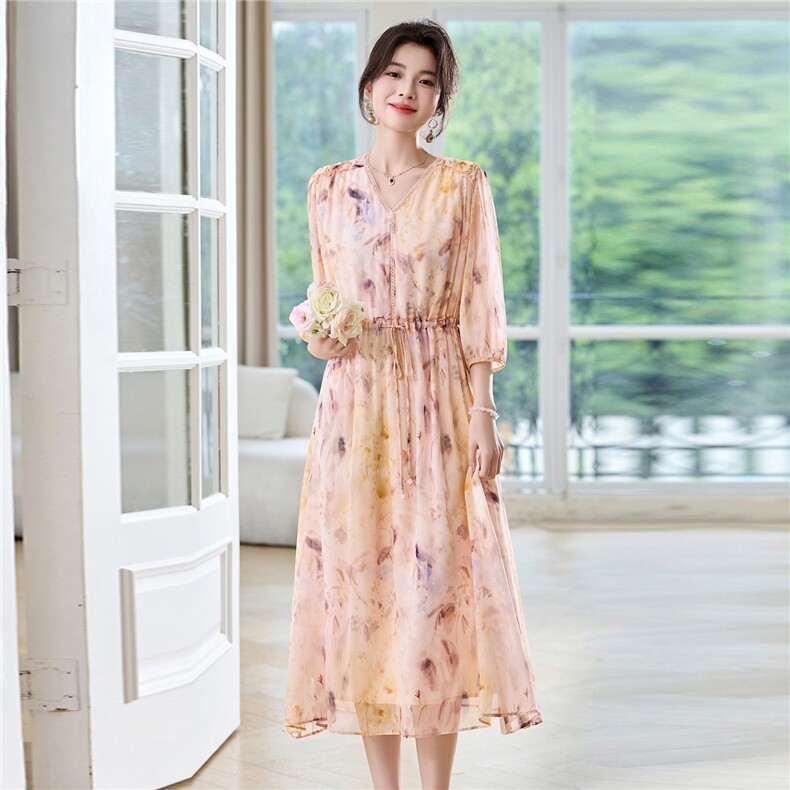 高档蕾丝拼接v领印花乔其纱真丝连衣裙2025优雅气质女士真丝,女装连衣裙,阿舍尔精品