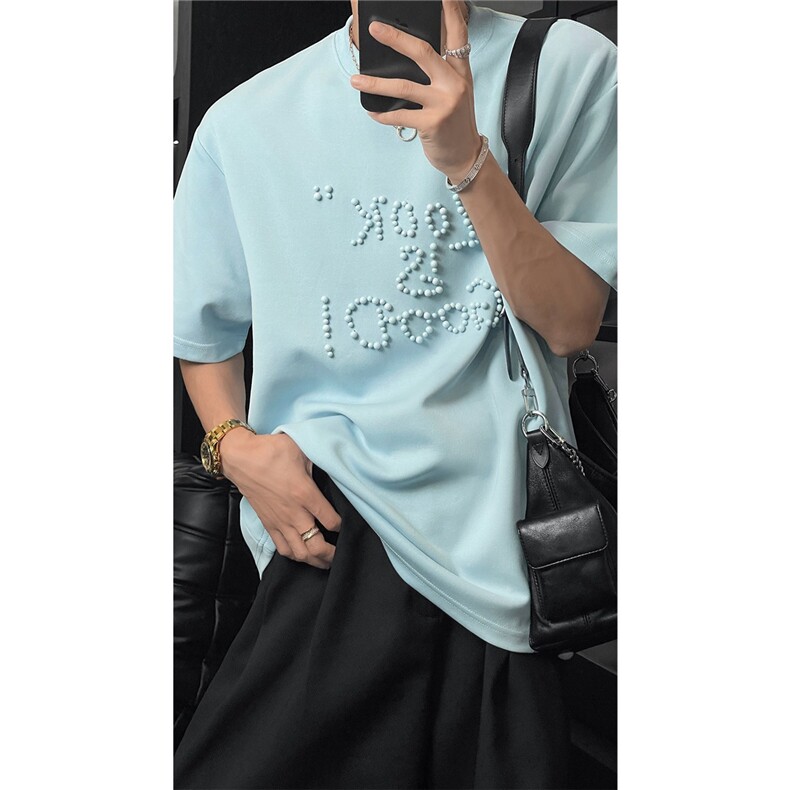 简约风夏季潮流纯色高级感珍珠字母百搭圆领短袖T恤男女同款上衣,男装T恤,星座506A