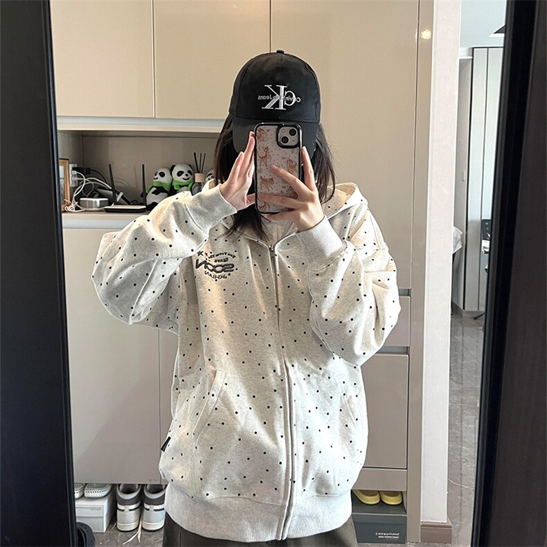 复古波点刺绣连帽卫衣百搭情侣外套610A-1-LY331P46加绒P50,女装短外套,星座610A-1