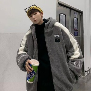 无性别秋冬羊羔绒连帽棉衣外套男女撞色刺绣加棉加厚潮牌 JK507图片