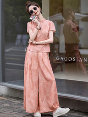 少女新中式盘扣提花旗袍套装女2025夏季新款复古国风阔腿裤两件套，女装套装/套裙，众宇琦