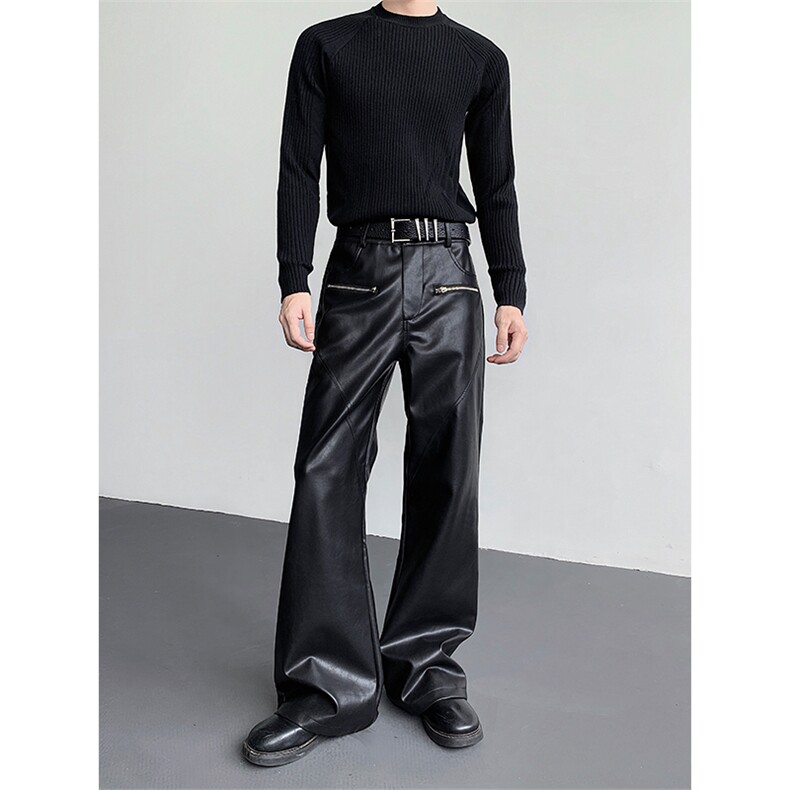 暗黑系高街拉链设计PU皮裤子男cleanfit痞帅微喇长裤PK10P85，男装皮裤，星座512-1（原513-3）