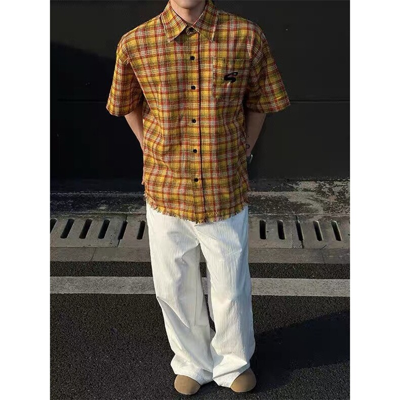 夏季2025新款美式复古黄色短袖格子衬衫休闲衬衣外套CSA366-P35,男装T恤,星座208-5