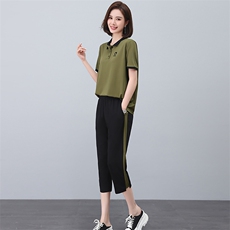 啄木鸟纯棉运动服套装女夏季宽松短袖七分裤中年妈妈装休闲两件套，女装套装/套裙，忆绮罗