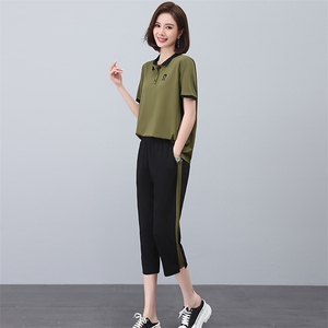 啄木鸟纯棉运动服套装女夏季宽松短袖七分裤中年妈妈装休闲两件套图片