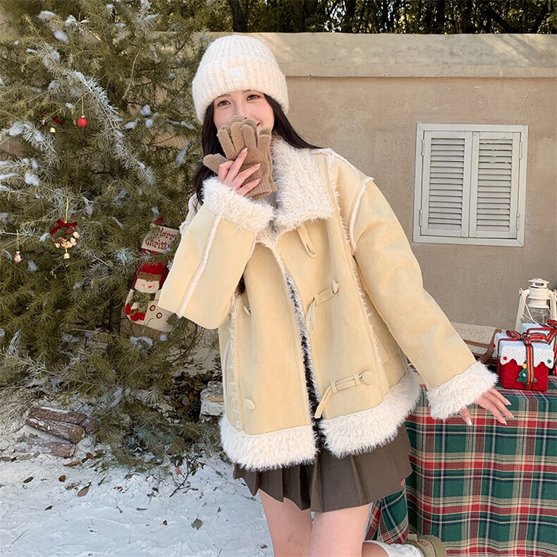 独特超好看羊羔毛外套女冬季2024新款甜美减龄小个子皮毛一体棉服,女装短外套,2C133