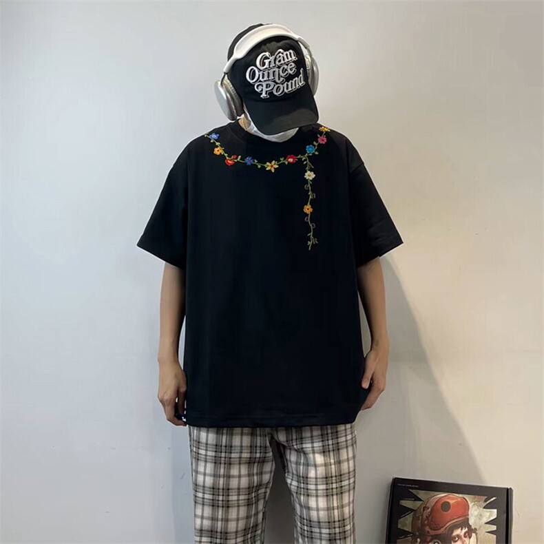 万针全刺绣工艺抖音得物高品质260克重磅纯棉双纱美式高街短袖T恤图片