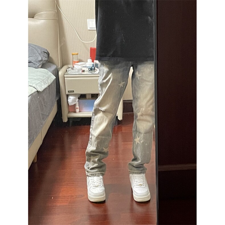 【有货】美式星星破洞牛仔裤男欧美高街vibe裤子直筒J72WW-特P45,男装牛仔裤,星座1007（原301D）