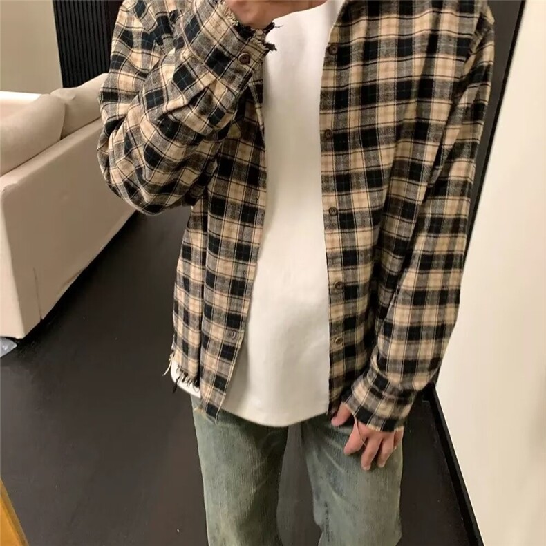春秋季新款格子刺绣流苏衬衫美式复古开衫外套男2024高街宽松图片