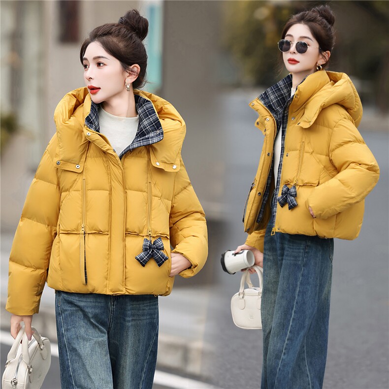 2025冬新款短款防风连帽面包服羽绒服白鸭绒廓形显瘦保暖潮流气质，女装羽绒服，意芙