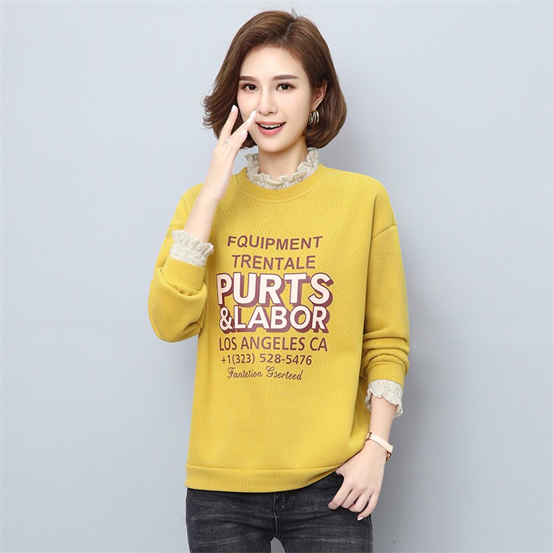 2021年冬季新款潮韩版加绒加厚蕾丝领卫衣女宽松显瘦上衣服女棉，女装卫衣/绒衫，简韵佳