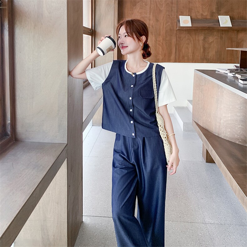 牛仔套装女2025夏季新款休闲气质穿搭宽松慵懒风时尚阔腿裤两件套,女装套装/套裙,2D080