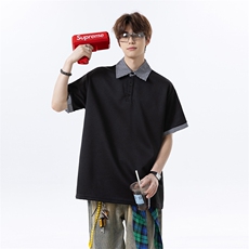 假两件格子拼接短袖T恤男夏季潮牌polo衫美式衬衫领T3652特价P30，男装T恤，电商A007