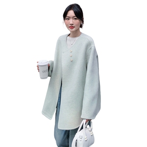 浅绿色气质双面呢羊毛大衣外套女秋冬2025新款收腰显瘦巨好看上衣图片