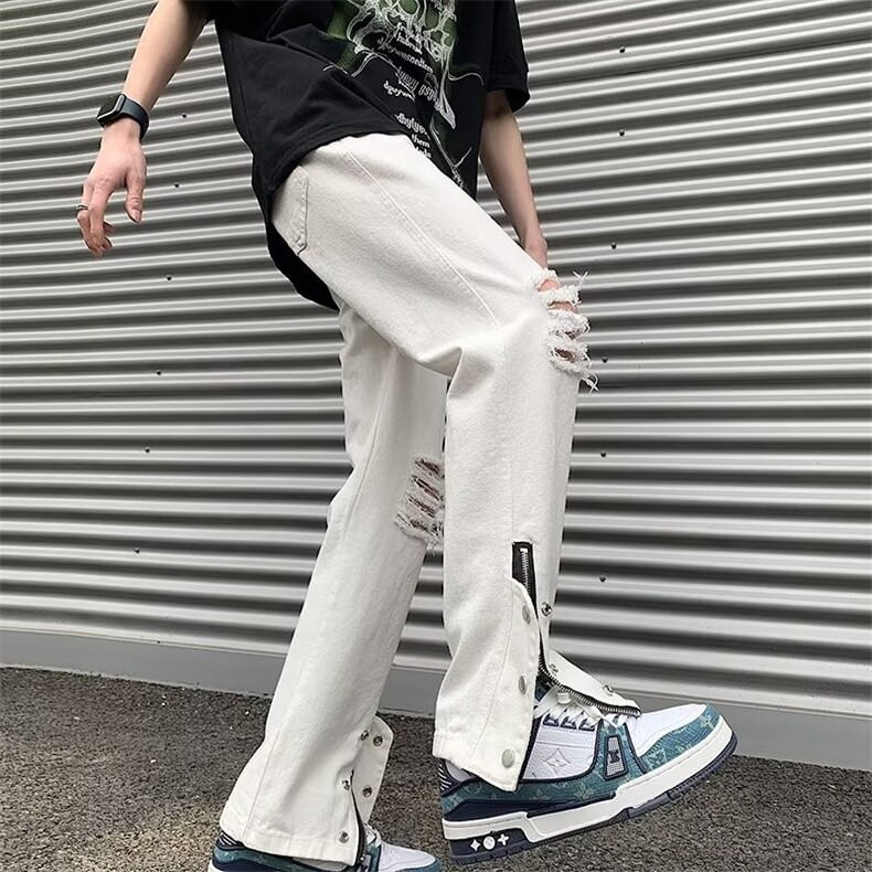 美式高街牛仔裤男破洞裤脚开衩2024夏季ins百搭帅气长裤RK433-P41,男装牛仔裤,星座412-1